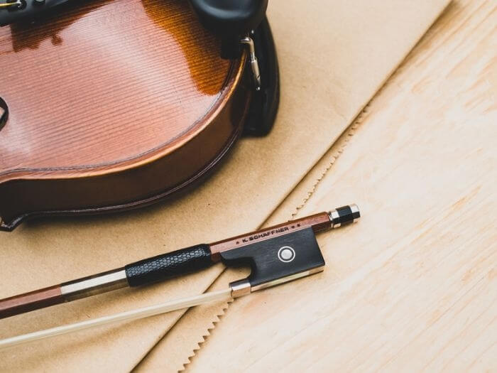 Close up of wooden violin bow.