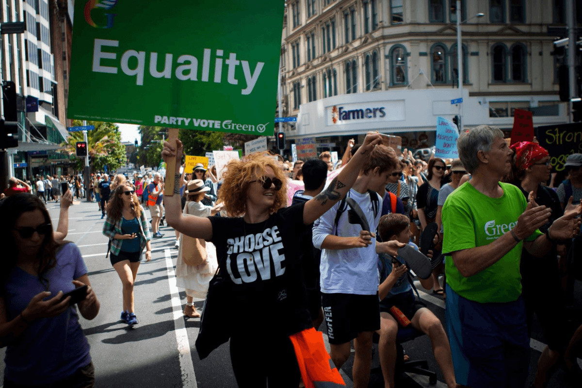Bridget at a Green Party march in New Zealand.