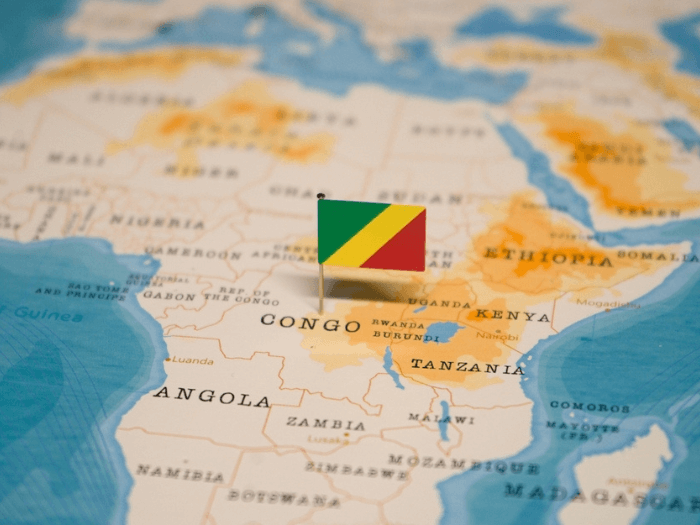 A Democratic Republic of the Congo flag on a map.